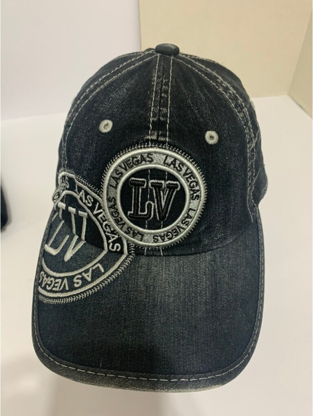Robin Ruth Las Vegas NV Black Distressed Denim Embroidered Baseball Cap Hat